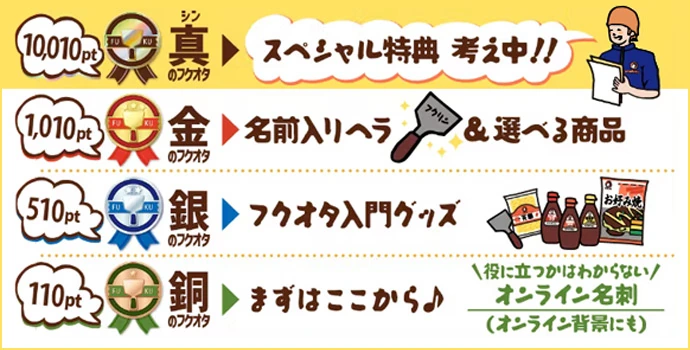 10,010pt 真のフクオタ スペシャル特典 考え中!! 1,010pt 金のフクオタ 名前入りヘラ&選べる商品 510pt 銀のフクオタ フクオタ入門グッズ 110pt 銅のフクオタ まずはここから♪ 役に立つかはわからないオンライン名刺(オンライン背景にも)