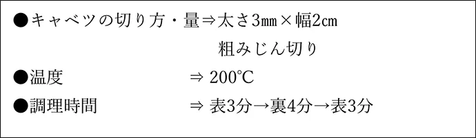 ●キャベツの切り方・量 ⇒ 太さ3mm×幅2cm粗みじん切り ●温度 ⇒ 200℃ ●調理時間 ⇒ 表3分→裏4分→表3分