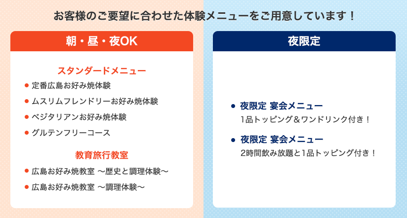 お客様のご要望に合わせた体験メニューをご用意しています! 朝・昼・夜OK スタンダードメニュー ・定番広島お好み焼体験 ・ムスリムフレンドリーお好み焼体験 ・ベジタリアンお好み焼体験 ・グルテンフリーコース 教育旅行教室 ・広島お好み焼教室~歴史と調理体験~ ・広島お好み焼教室~調理体験~ 夜限定 夜限定 宴会メニュー 1品トッピング&ワンドリンク付き! 夜限定 宴会メニュー 2時間飲み放題と1品トッピング付き!